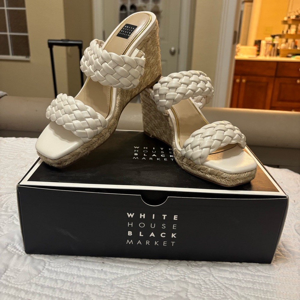 White House Black Market Cream Wedge Sandals with Quilted Straps